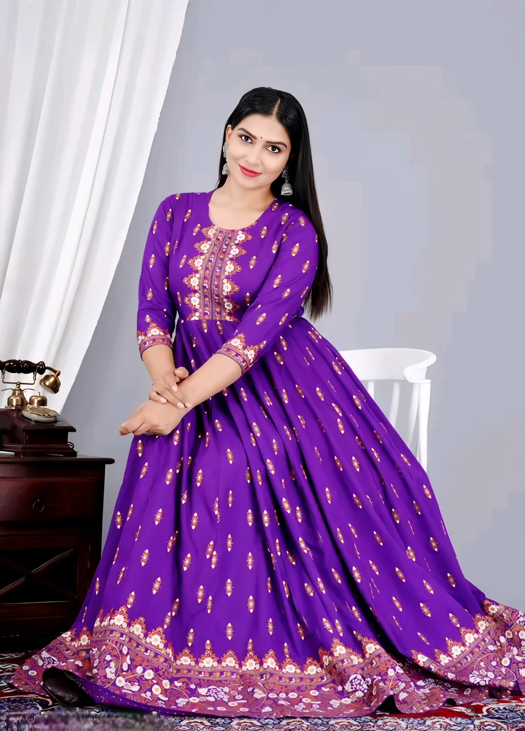 ✨ Present A Purple Long-Tiered Printed Kurta Dress with Tassels