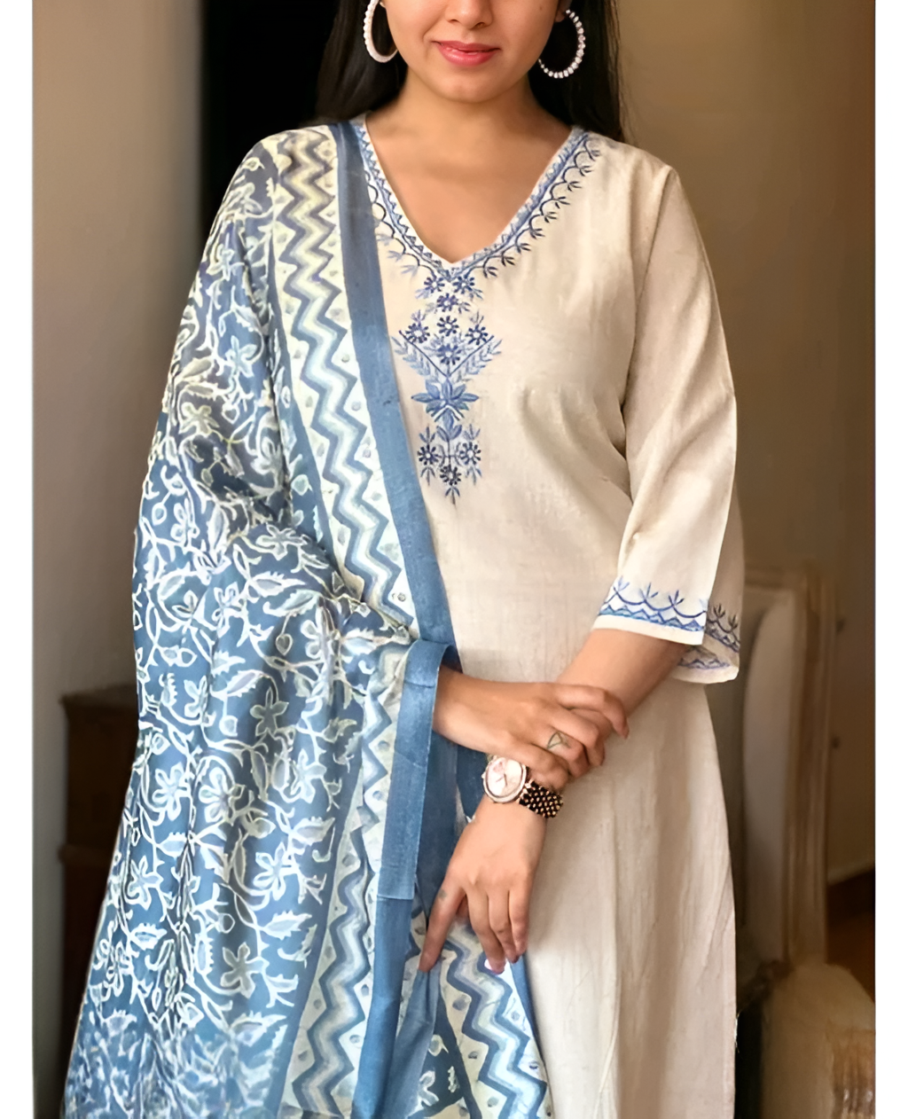 White Khadi Cotton Embroidered Kurta Pant Set with Dupatta