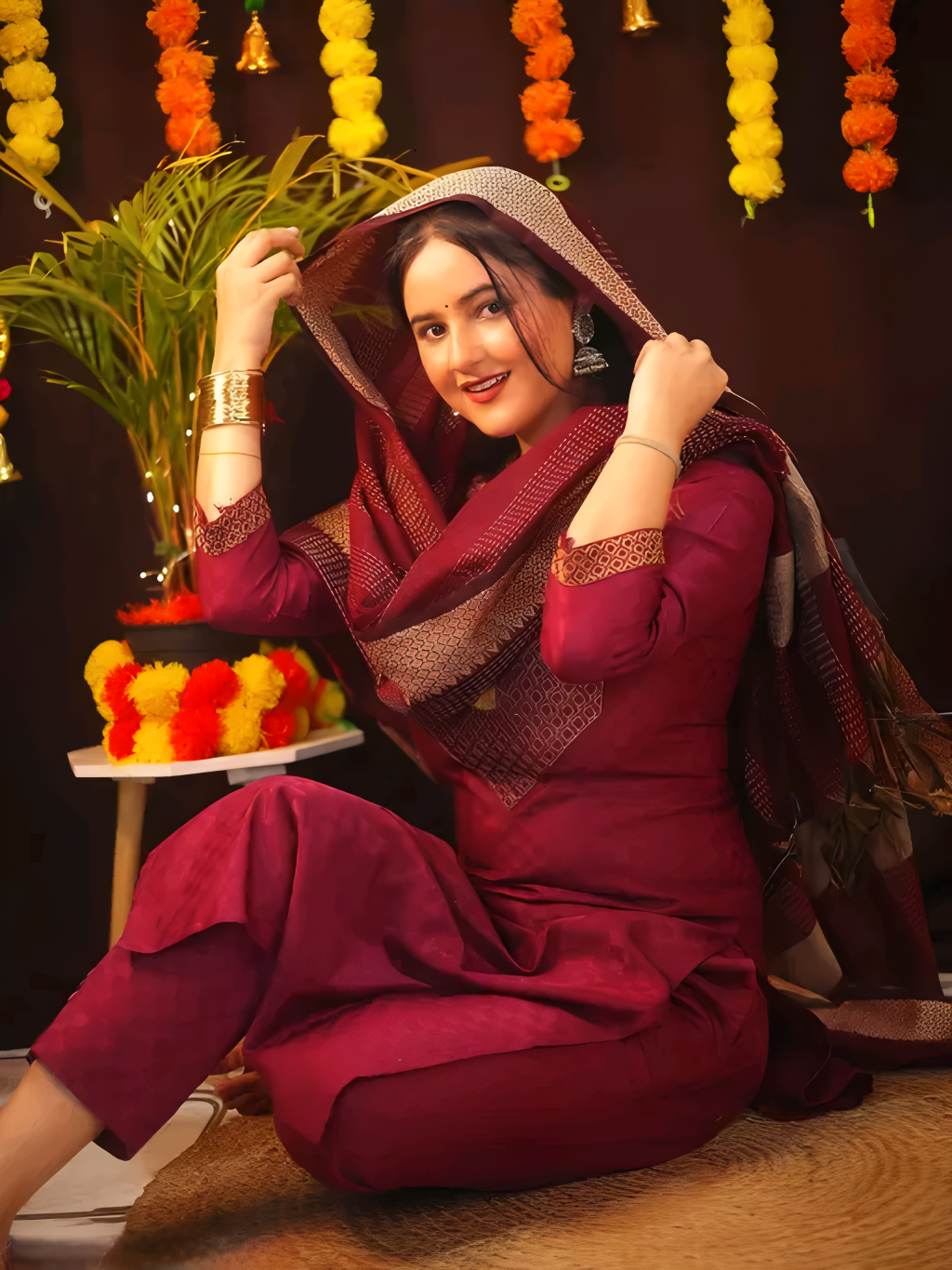 🌺 Maroon Cotton Embroidered Kurta Pant Set with Dupatta 🌺
