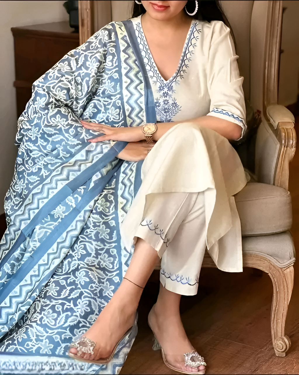White Khadi Cotton Embroidered Kurta Pant Set with Dupatta
