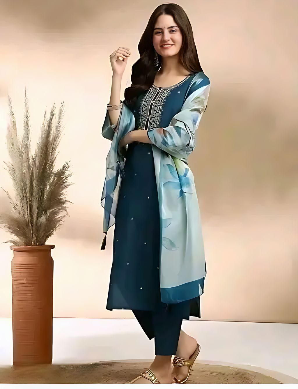 ✨ Elegant Teal Blue Embroidered Rayon Slub Kurta Set with Dupatta ✨
