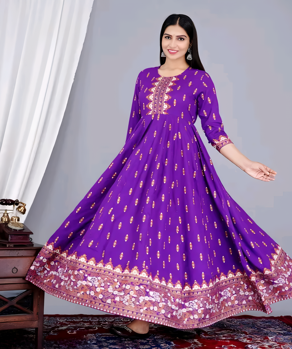 ✨ Present A Purple Long-Tiered Printed Kurta Dress with Tassels