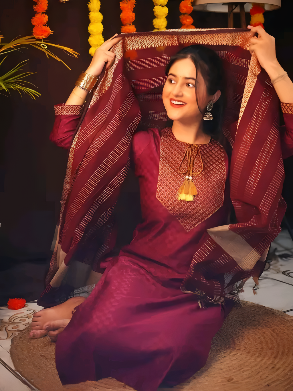 🌺 Maroon Cotton Embroidered Kurta Pant Set with Dupatta 🌺