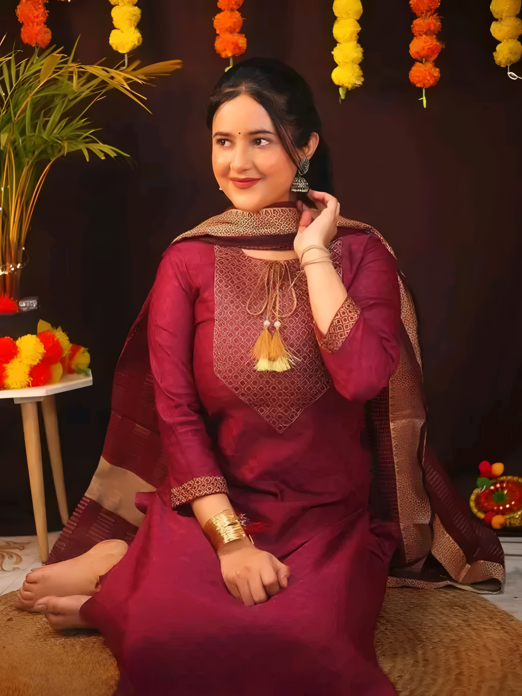 🌺 Maroon Cotton Embroidered Kurta Pant Set with Dupatta 🌺