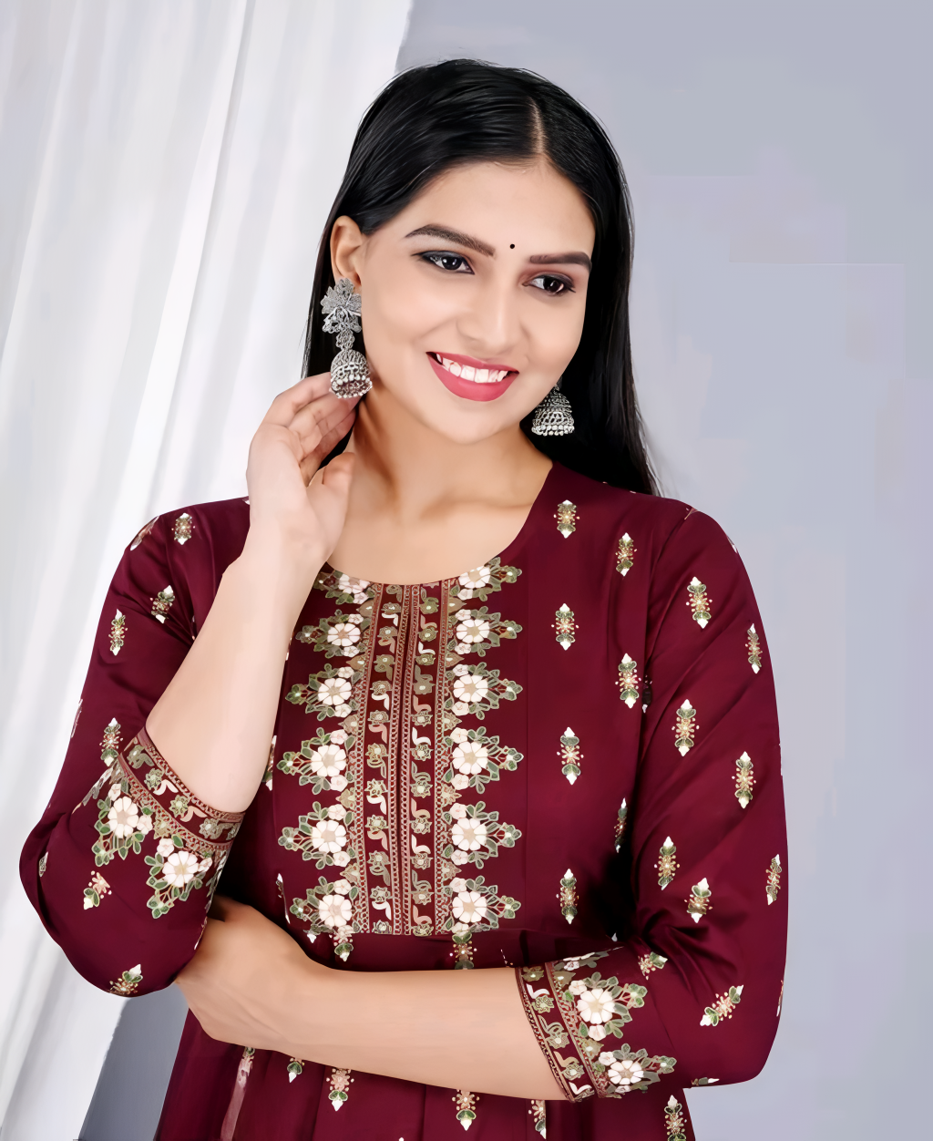 ✨ Wine Long-Tiered Kurta Dress with Zari Work, Printed Yoke & Tassels