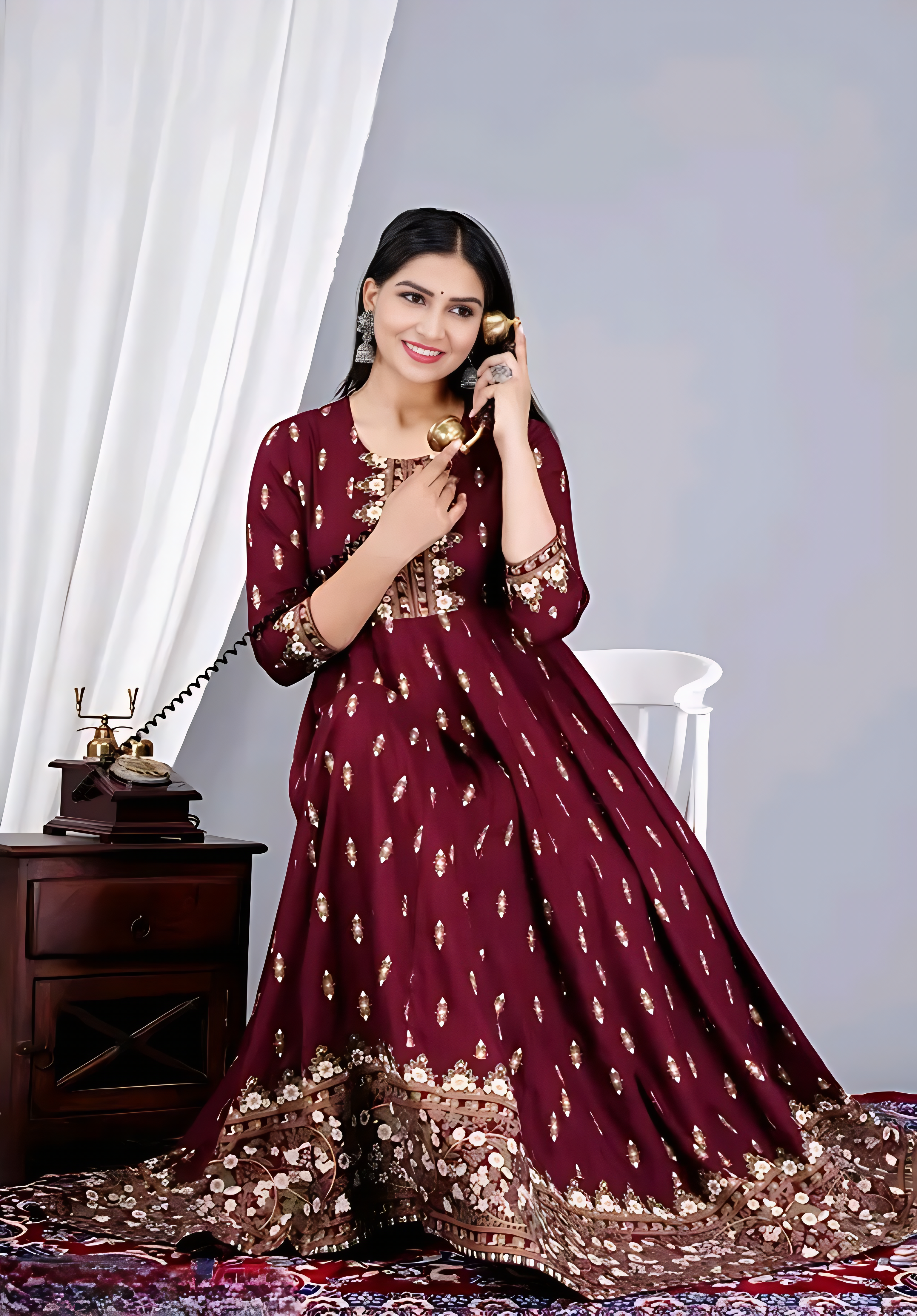 ✨ Wine Long-Tiered Kurta Dress with Zari Work, Printed Yoke & Tassels
