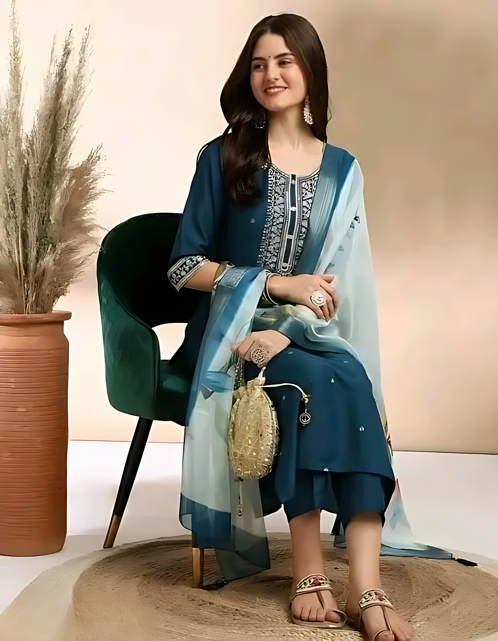 ✨ Elegant Teal Blue Embroidered Rayon Slub Kurta Set with Dupatta ✨