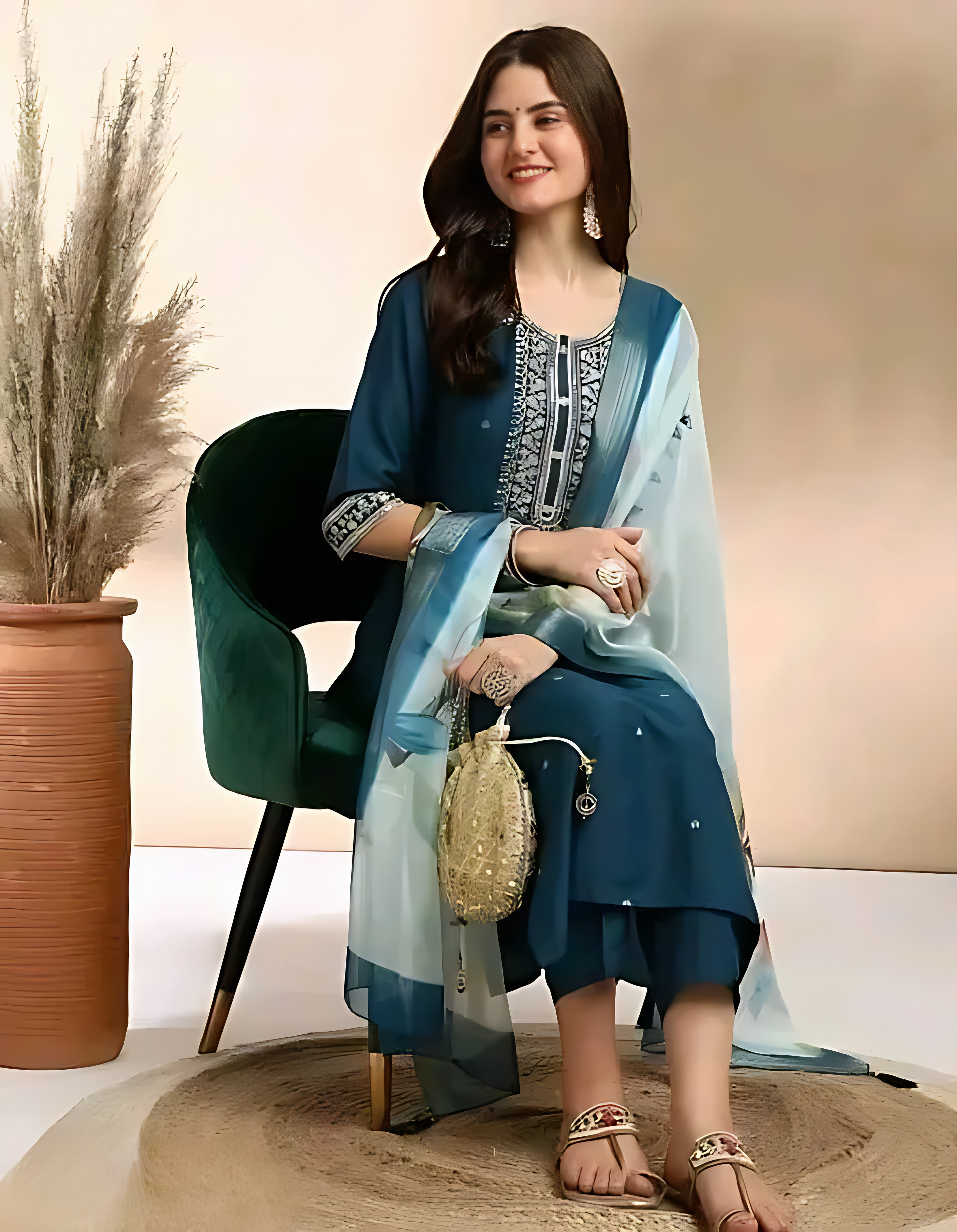 ✨ Elegant Teal Blue Embroidered Rayon Slub Kurta Set with Dupatta ✨