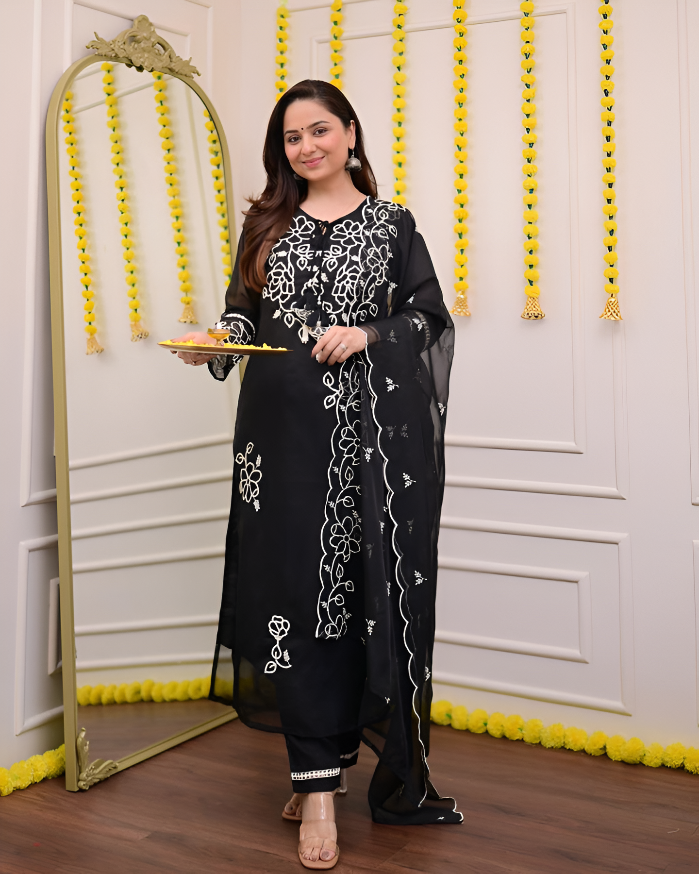 🌟 Black Floral Embroidered Net Kurta Set with Dupatta 🌟