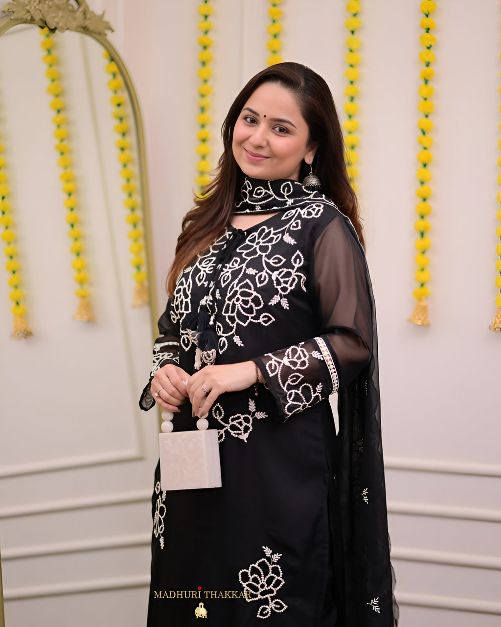 🌟 Black Floral Embroidered Net Kurta Set with Dupatta 🌟