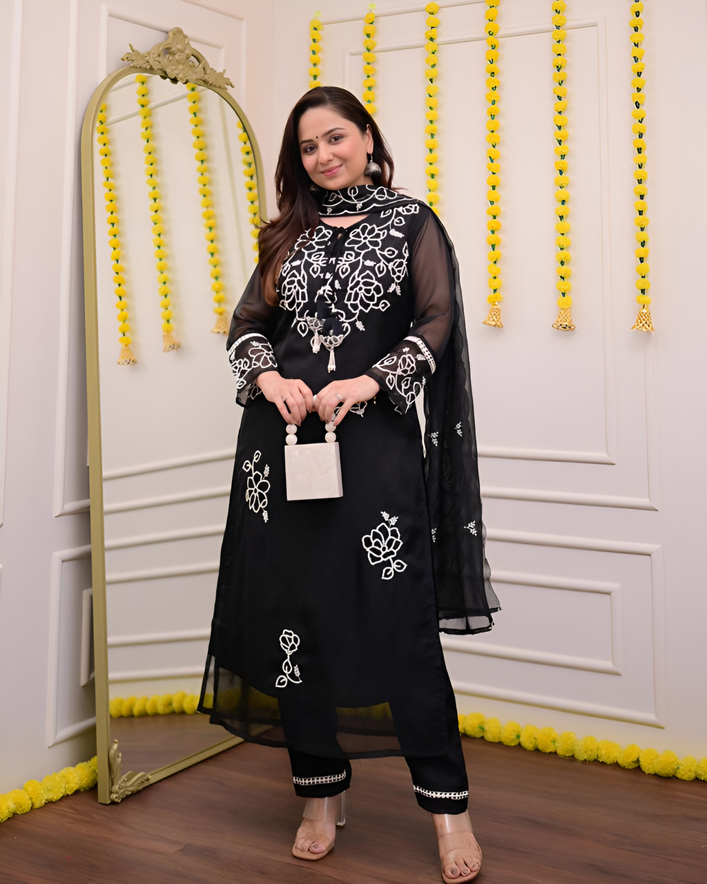 🌟 Black Floral Embroidered Net Kurta Set with Dupatta 🌟