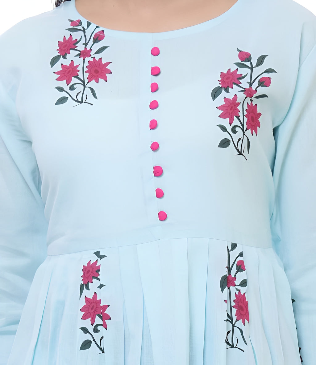 💙 Fabriko Cotton Blue Floral Printed Flared Anarkali Kurta with Palazzo