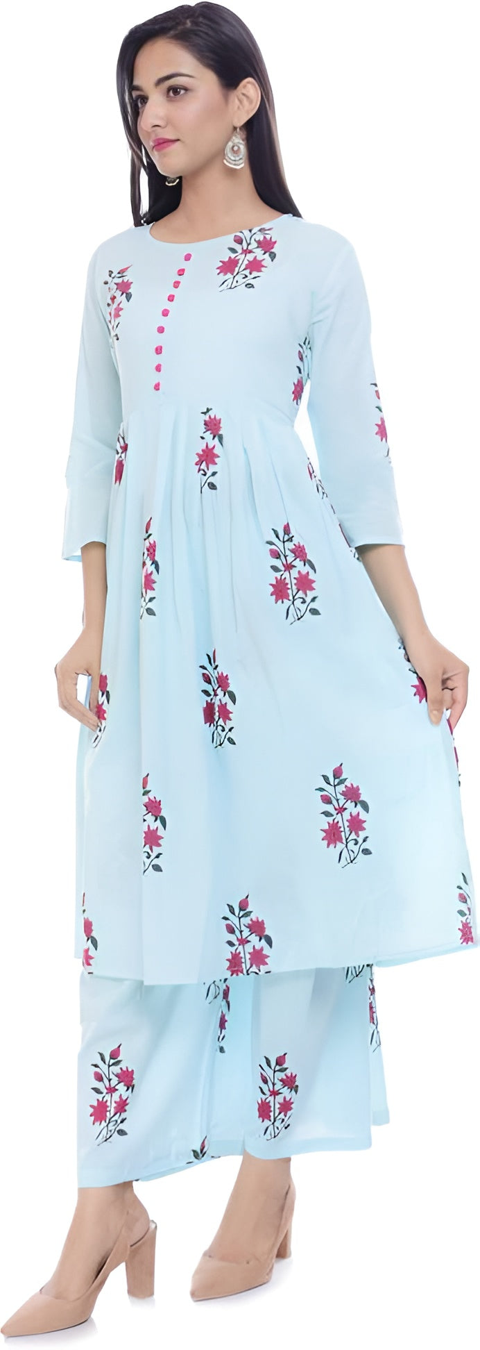 💙 Fabriko Cotton Blue Floral Printed Flared Anarkali Kurta with Palazzo