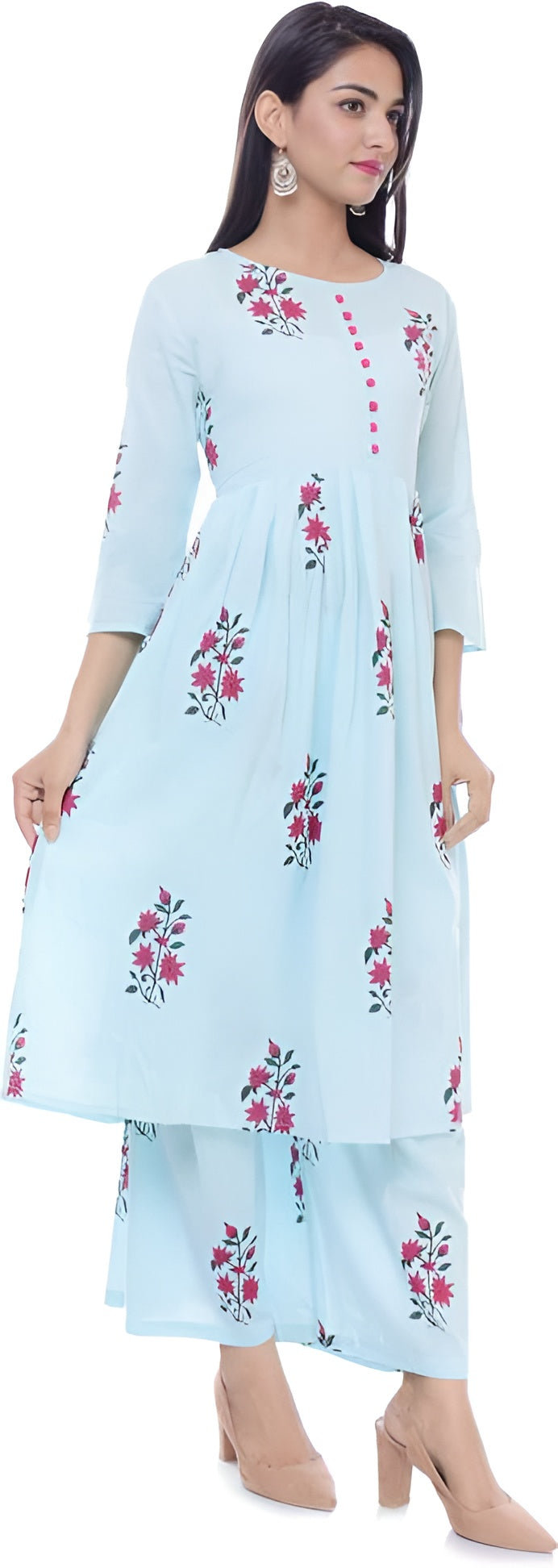 💙 Fabriko Cotton Blue Floral Printed Flared Anarkali Kurta with Palazzo