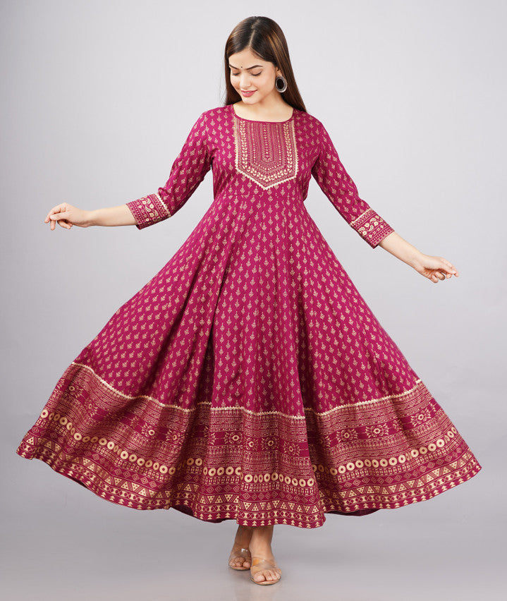 💖 Embroidered Rayon Anarkali Long Kurti – Maroon Gold Print