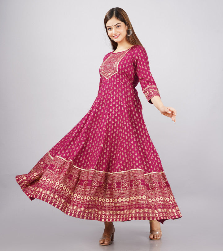 💖 Embroidered Rayon Anarkali Long Kurti – Maroon Gold Print