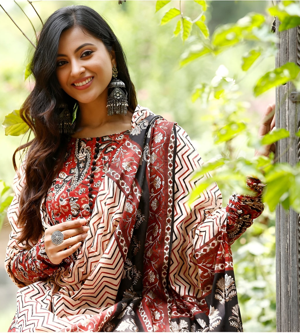 Women Printed Anarkali Kurta and Pant Set with Dupatta