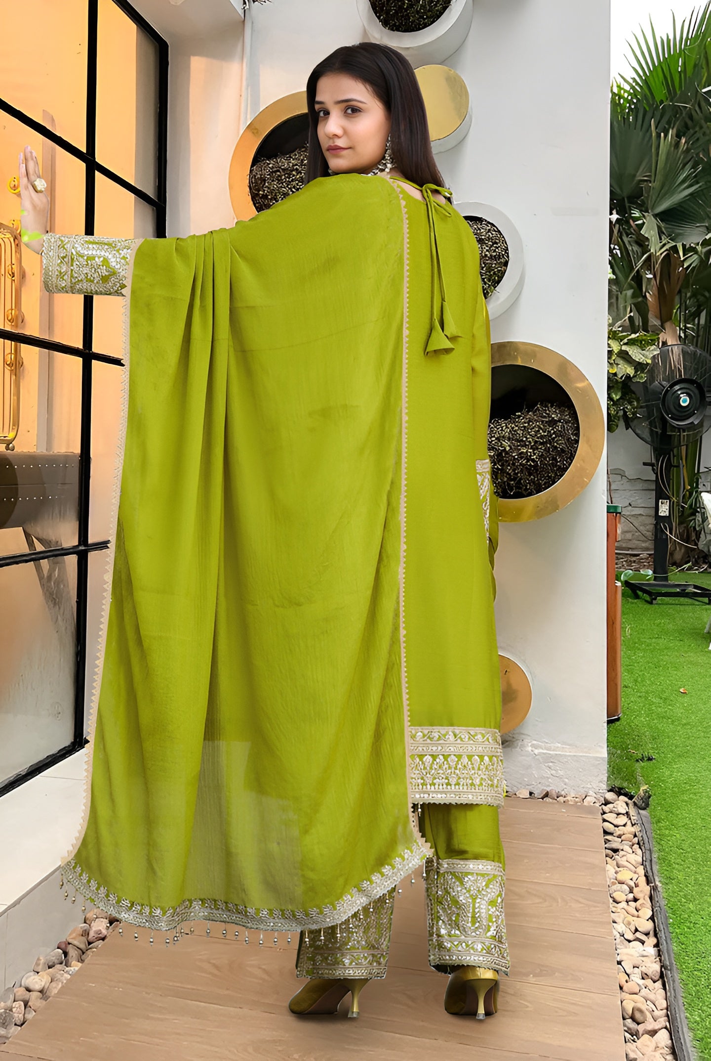 ✨ Designer Embroidered Party-Wear Kurta Palazzo & Dupatta Set – Green