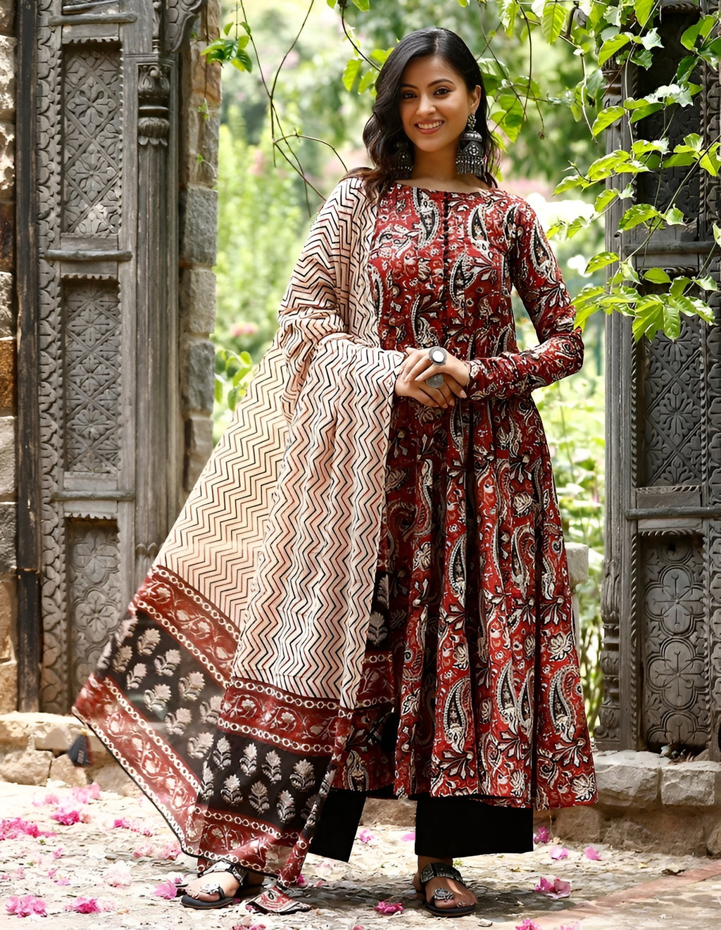 Women Printed Anarkali Kurta and Pant Set with Dupatta